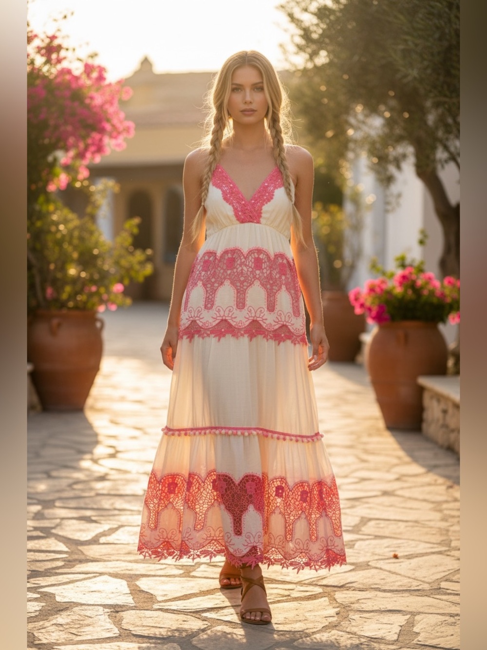 187 • ON SALE...Bohemian Embroidered Pink Cream Maxi Dress